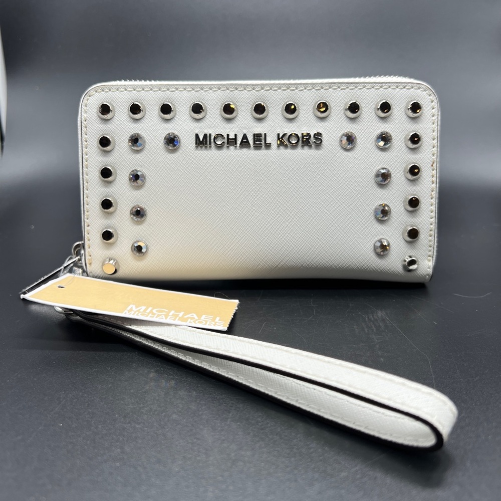 Michael Kors Jet Set Studded Wristlet Wallet Optic White Leather Zip Around NWT - Picture 2 of 8